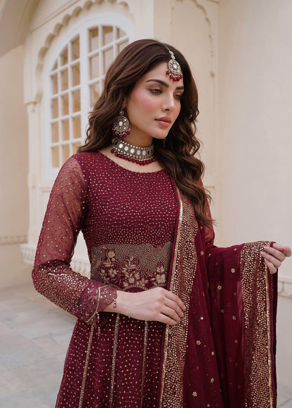 Maroon Embroidered Chiffon Pakistani Suit Online in Dubai UAE Abudhabi Ajman Sharjah