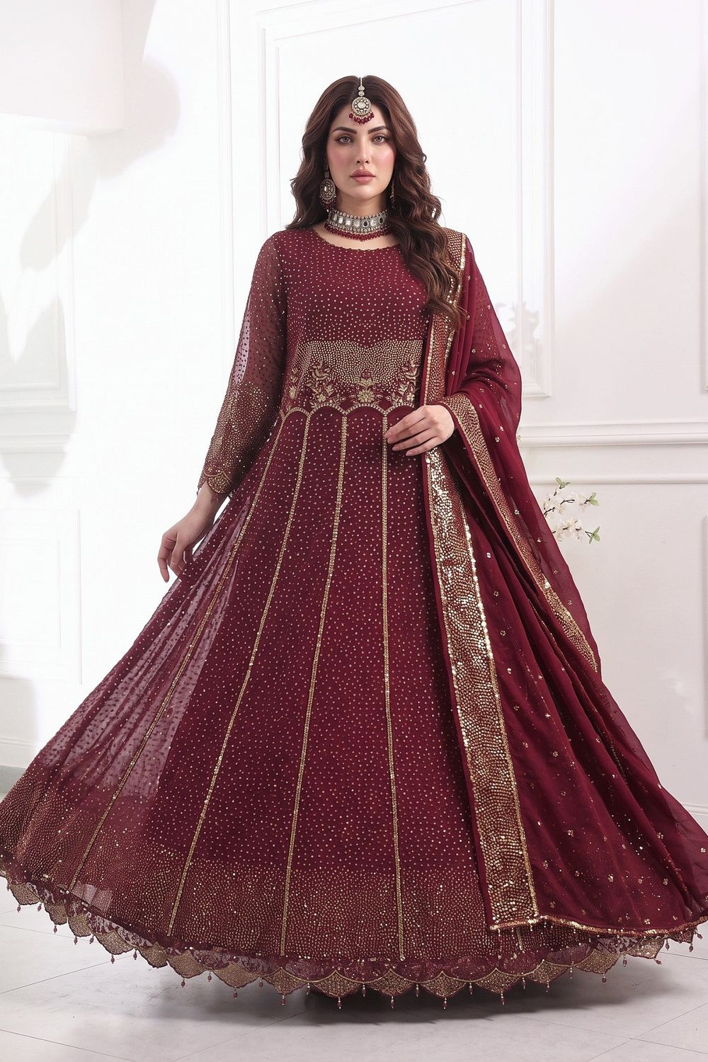 Maroon Embroidered Chiffon Pishwas Online in Dubai UAE Abudhabi Ajman Sharjah