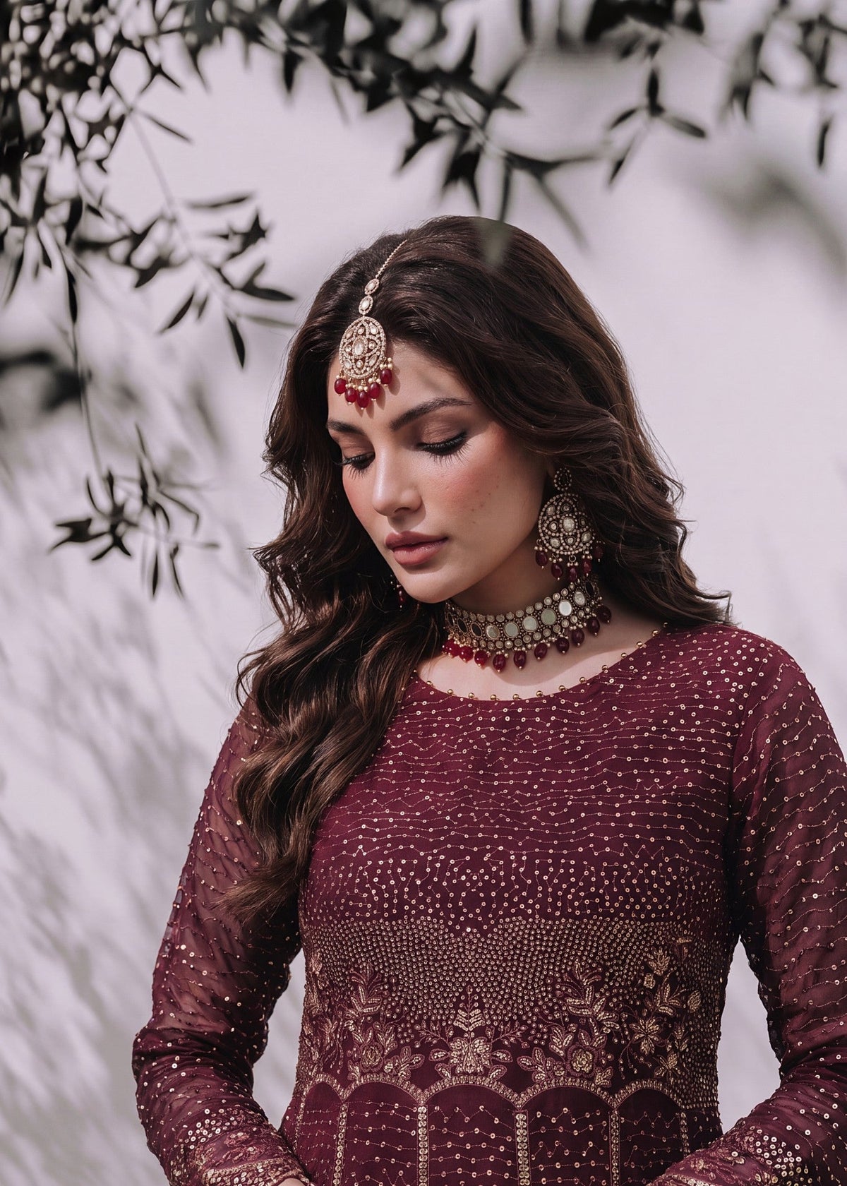 Maroon Embroidered Chiffon Pishwas Online in Sri Lanka India Australia
