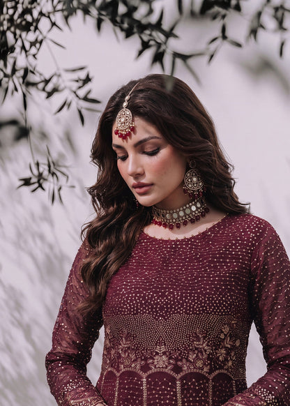 Maroon Embroidered Chiffon Pishwas Online in Sri Lanka India Australia