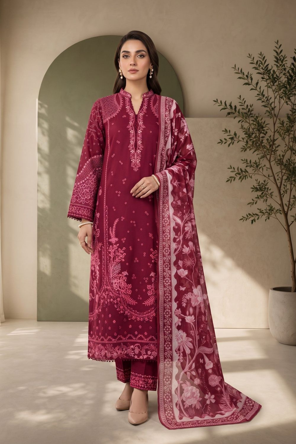 Maroon Embroidered Lawn Pakistani Suit Online in Dubai UAE Abudhabi Ajman Sharjah