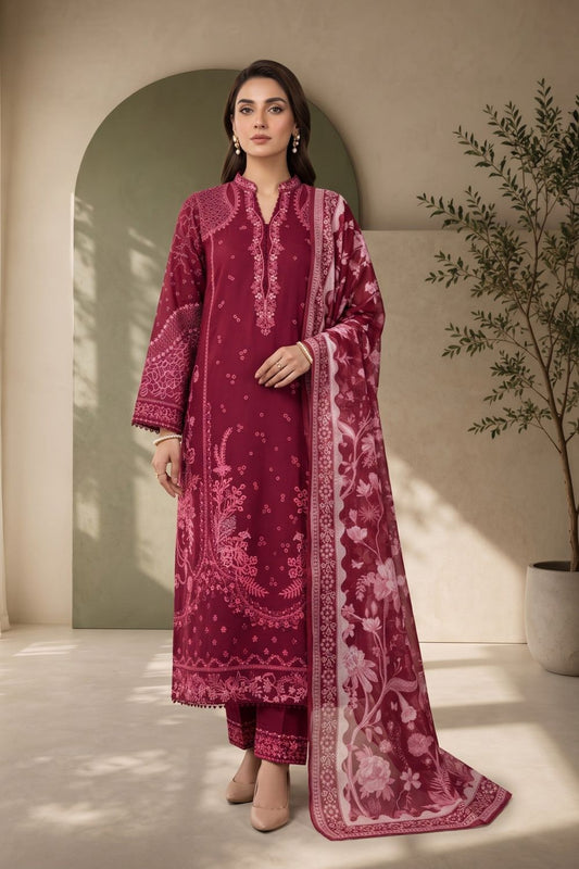 Maroon Embroidered Lawn Pakistani Suit Online in Dubai UAE Abudhabi Ajman Sharjah
