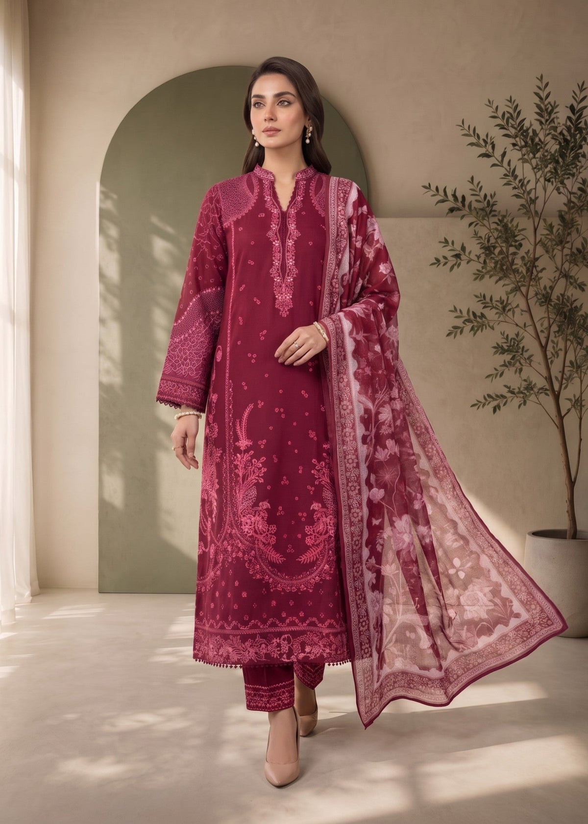 Maroon Lawn Embroidered Salwar Kameez Online in KSA Riyadh Saudi Arabia Oman Bahrain Qatar