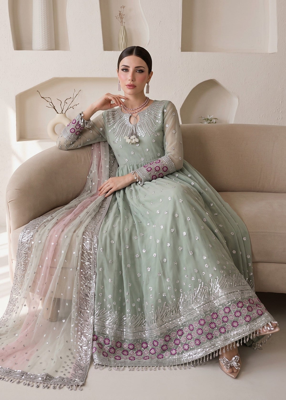 Mint Green Chiffon Embroidered Pakistani Designer Suits Online in Dubai UAE Abudhabi Ajman Sharjah