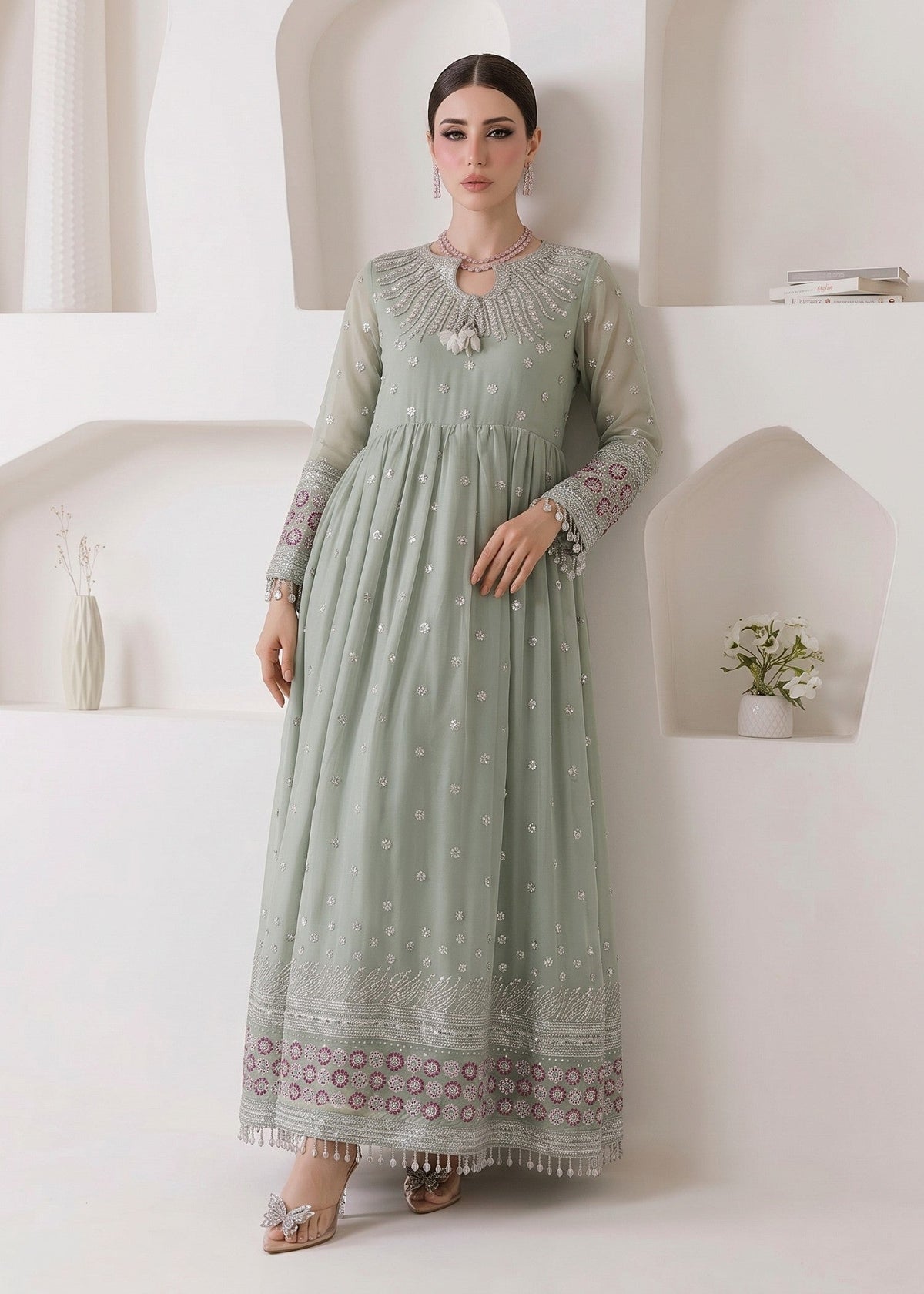 Mint Green Chiffon Embroidered Pakistani Suits Online in Dubai UAE Abudhabi Ajman Sharjah