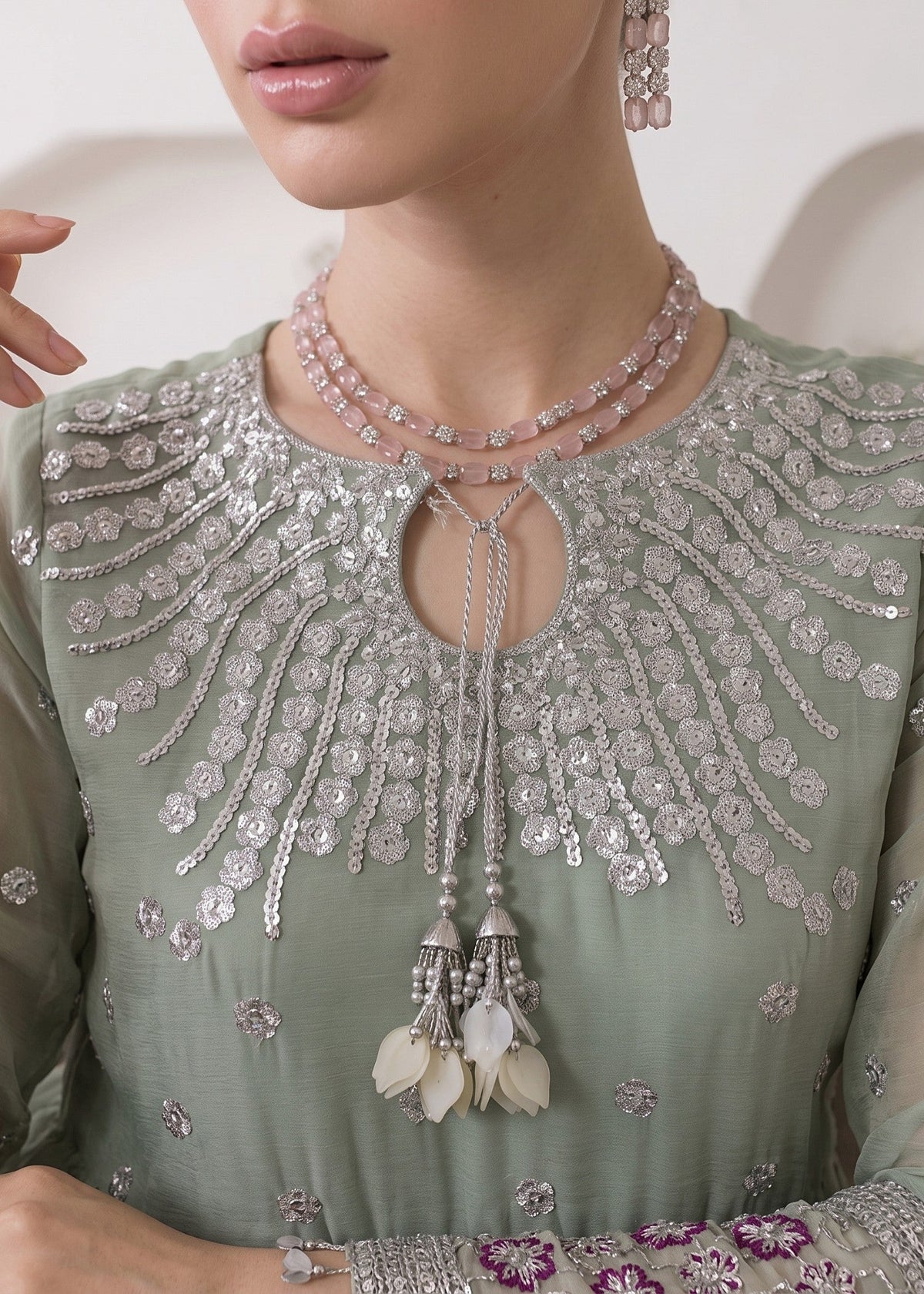 Mint Green Chiffon Embroidered Pishwas Suit Online in Dubai UAE Abudhabi Ajman Sharjah