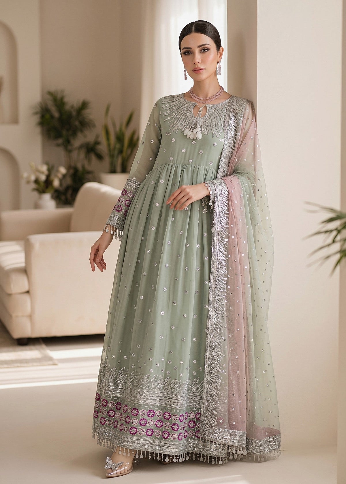 Mint Green Chiffon Embroidered Salwar Kameez Online in Dubai DXB UAE Abudhabi Meena Bazaar