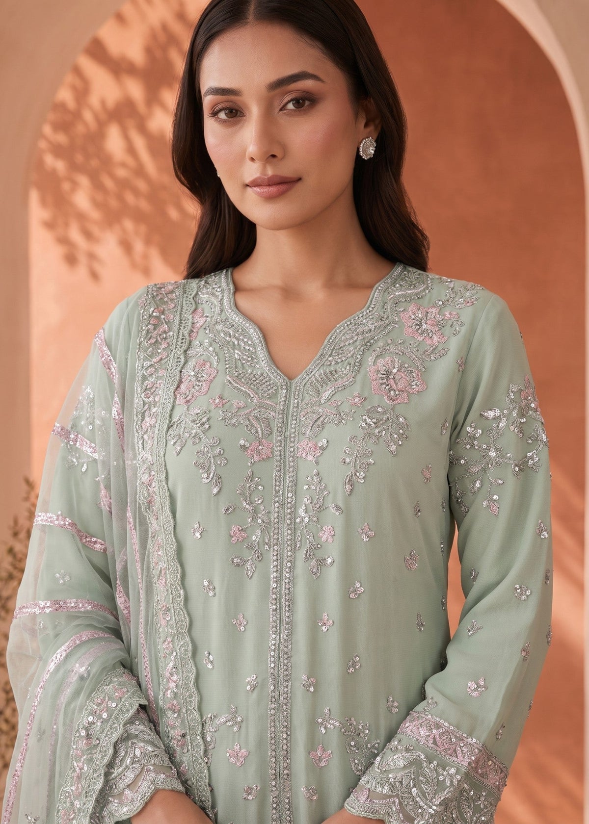 Mint Green Chiffon Pakistani Designer Suit Online in Sri Lanka India Australia