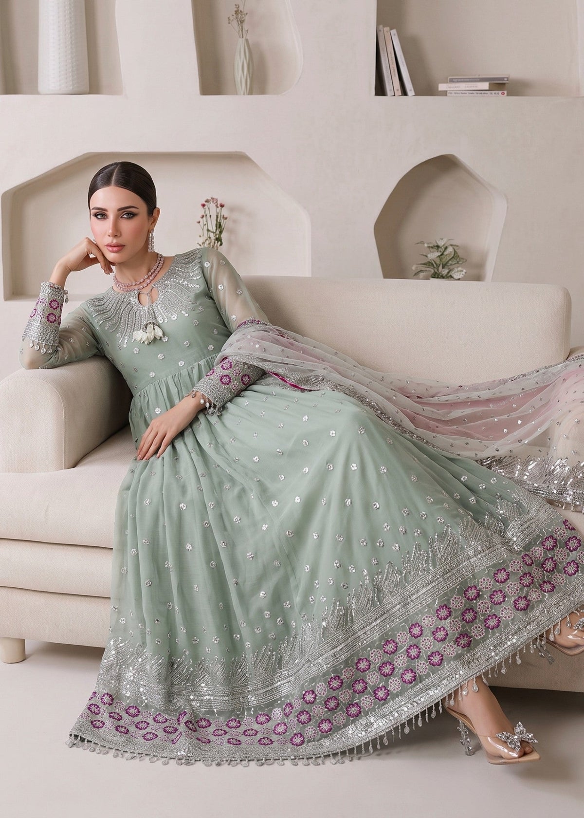 Mint Green Chiffon Pishwas Pakistani Designer Suit Online in Sri Lanka India Australia
