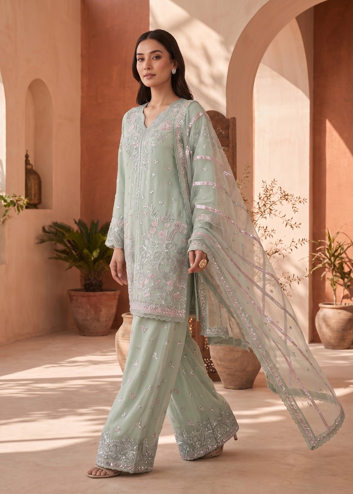 Mint Green Embroidered Chiffon Designer Salwar Suit Online in UK USA Canada