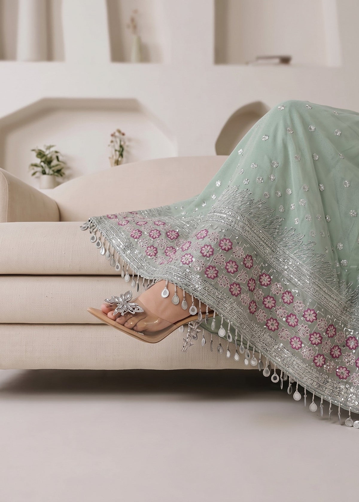 Mint Green Embroidered Chiffon Ladies Salwar Kameez Online in UK USA Canada