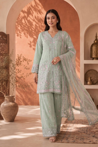 Mint Green Embroidered Chiffon Pakistani Suit Online in Dubai UAE Abudhabi Ajman Sharjah