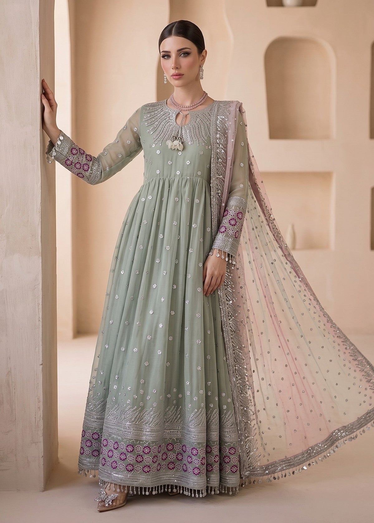 Mint Green Embroidered Chiffon Pakistani Suit Online in Sri Lanka India Australia