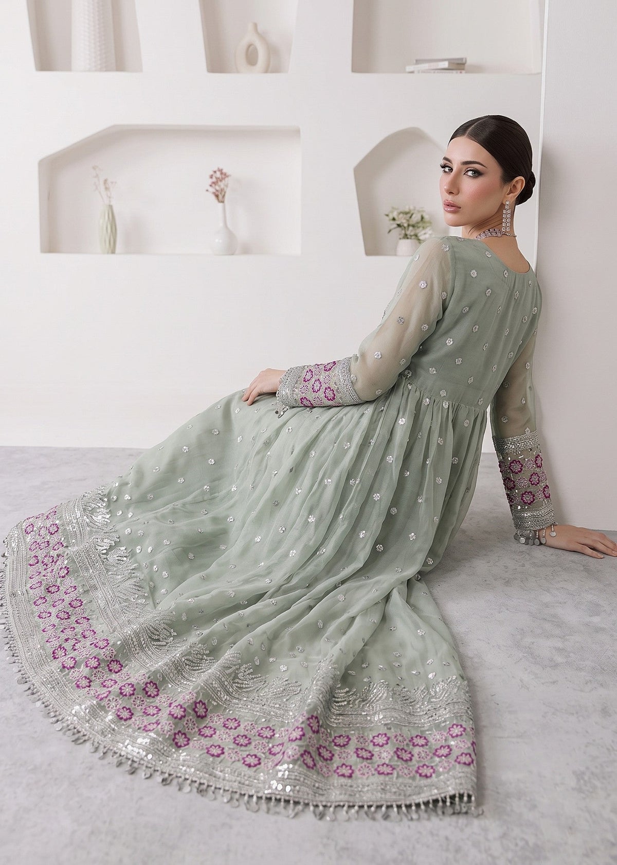 Mint Green Embroidered Chiffon Pishwas Salwar Suit Online in Dubai DXB UAE Abudhabi Meena Bazaar
