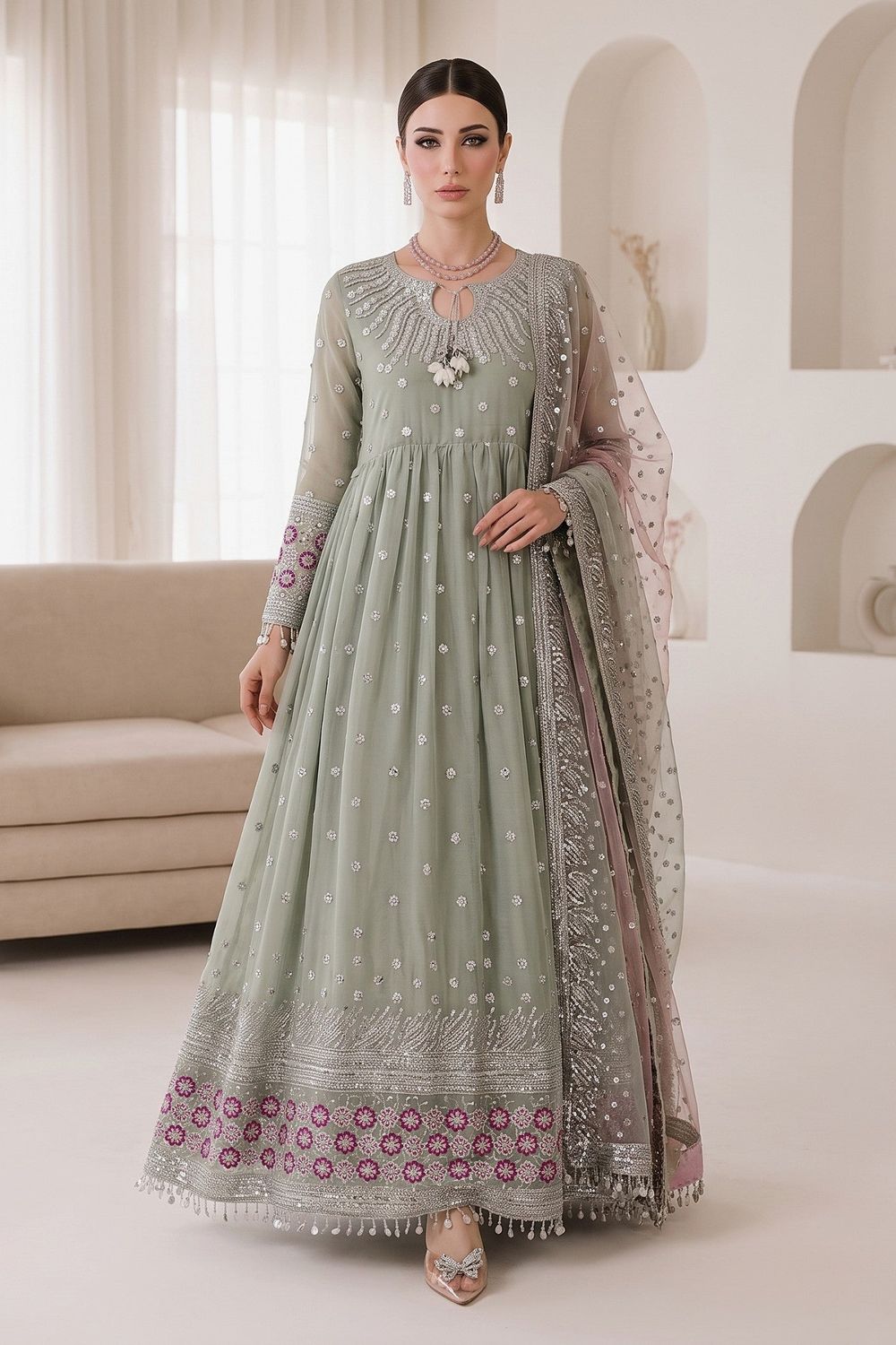 Mint Green Embroidered Chiffon Pishwas Suit Online in Dubai UAE Abudhabi Ajman Sharjah