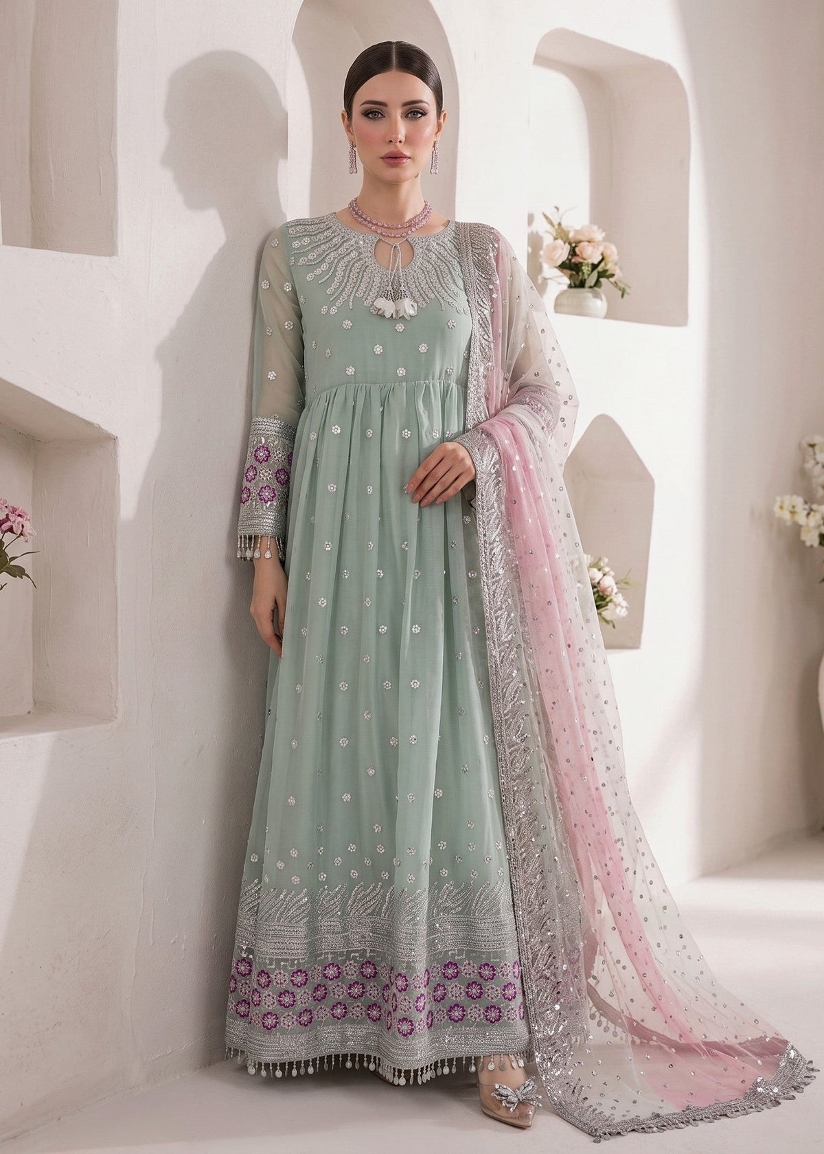 Mint Green Embroidered Chiffon Salwar Suit Online in Dubai DXB UAE Abudhabi Meena Bazaar