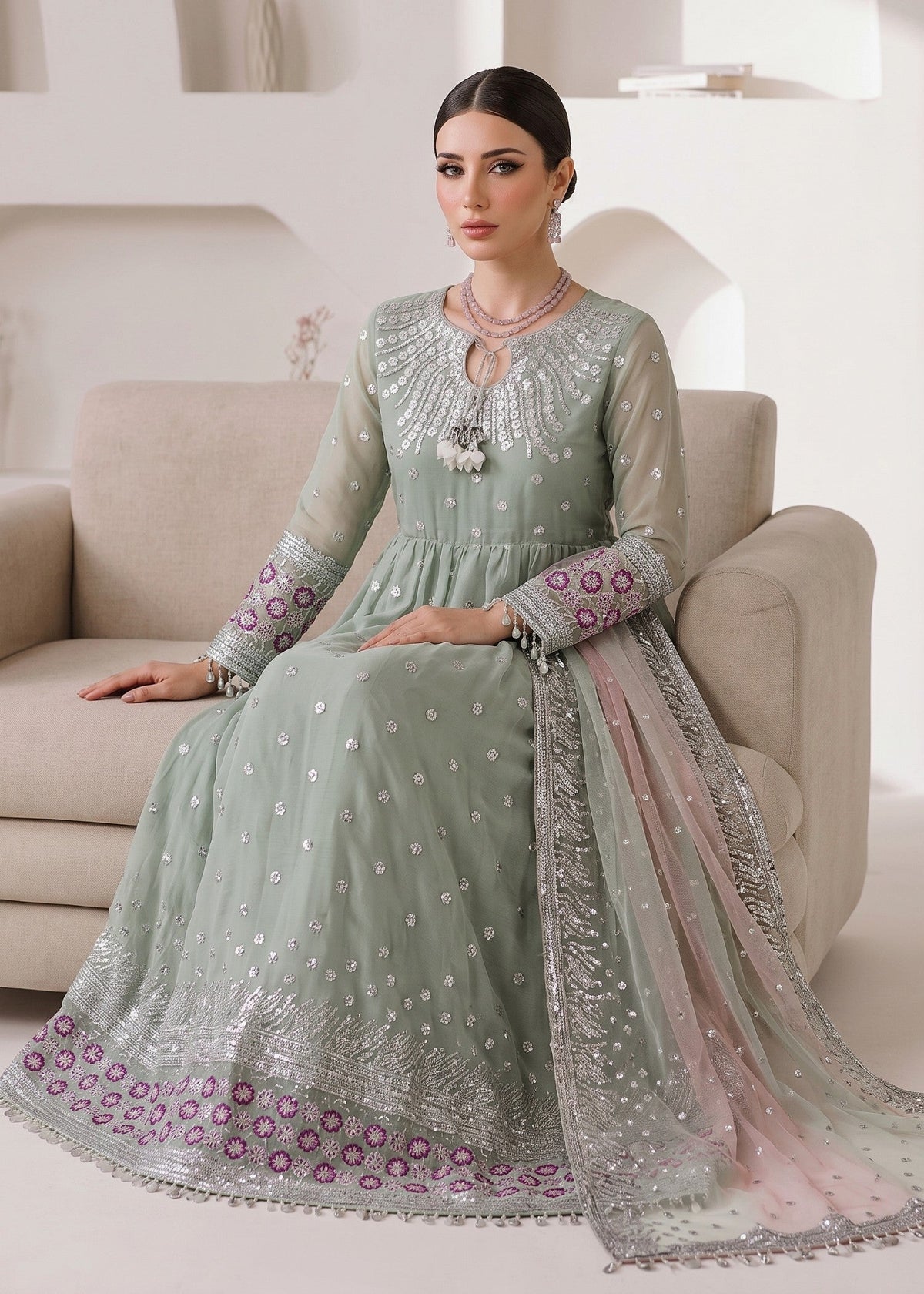 Mint Green Embroidered Chiffon Shalwar Kameez Online in UK USA Canada