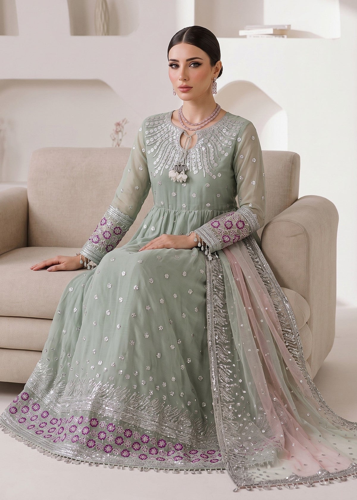 Mint Green Pishwas Chiffon Ladies Suit Online in UK USA Canada