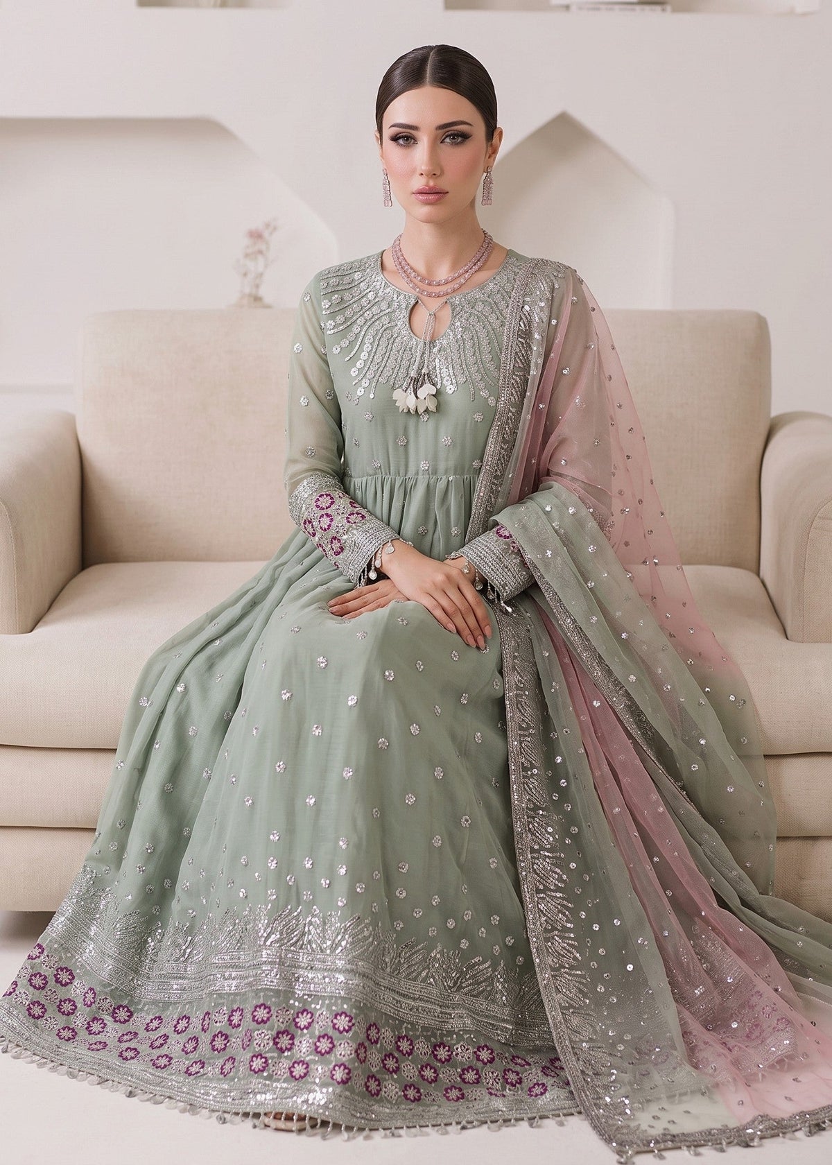 Mint Green Pishwas Chiffon Salwar Kameez Online in KSA Riyadh Saudi Arabia Oman Bahrain Qatar