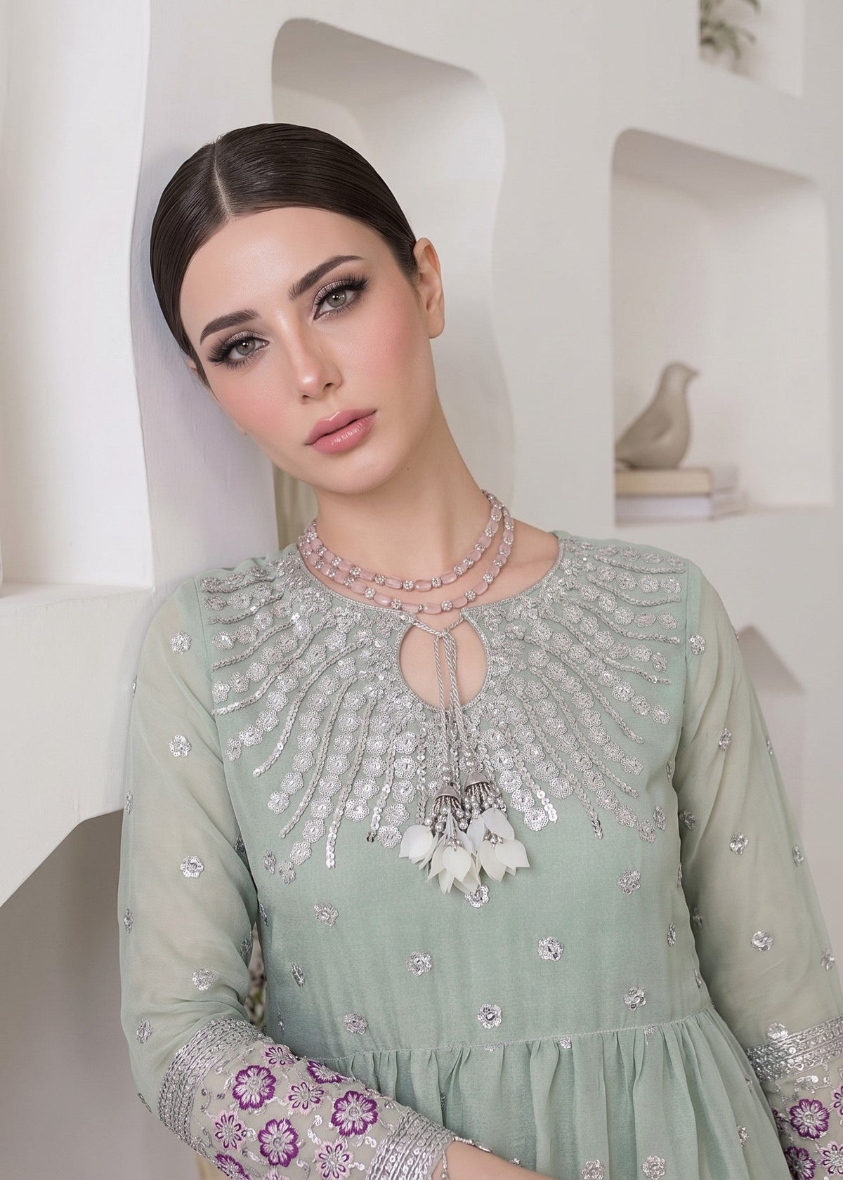 Mint Green Pishwas Embroidered Chiffon Salwar Kameez Online in KSA Riyadh Saudi Arabia Oman Bahrain Qatar
