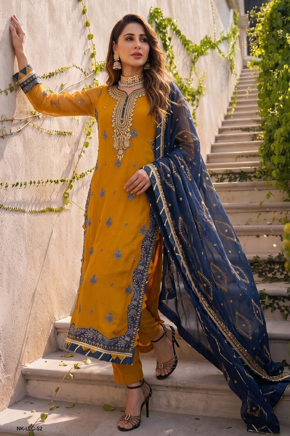 Mustard Embroidered Chiffon Pakistani Suit Online in Dubai UAE Abudhabi Ajman Sharjah