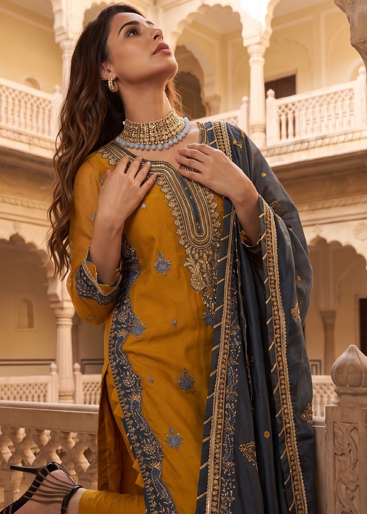 Mustard Festive Chiffon Shalwar Kameez Online in UK USA Canada