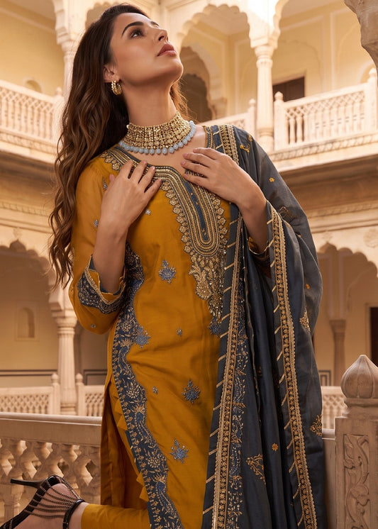 Mustard Festive Chiffon Shalwar Kameez Online in UK USA Canada