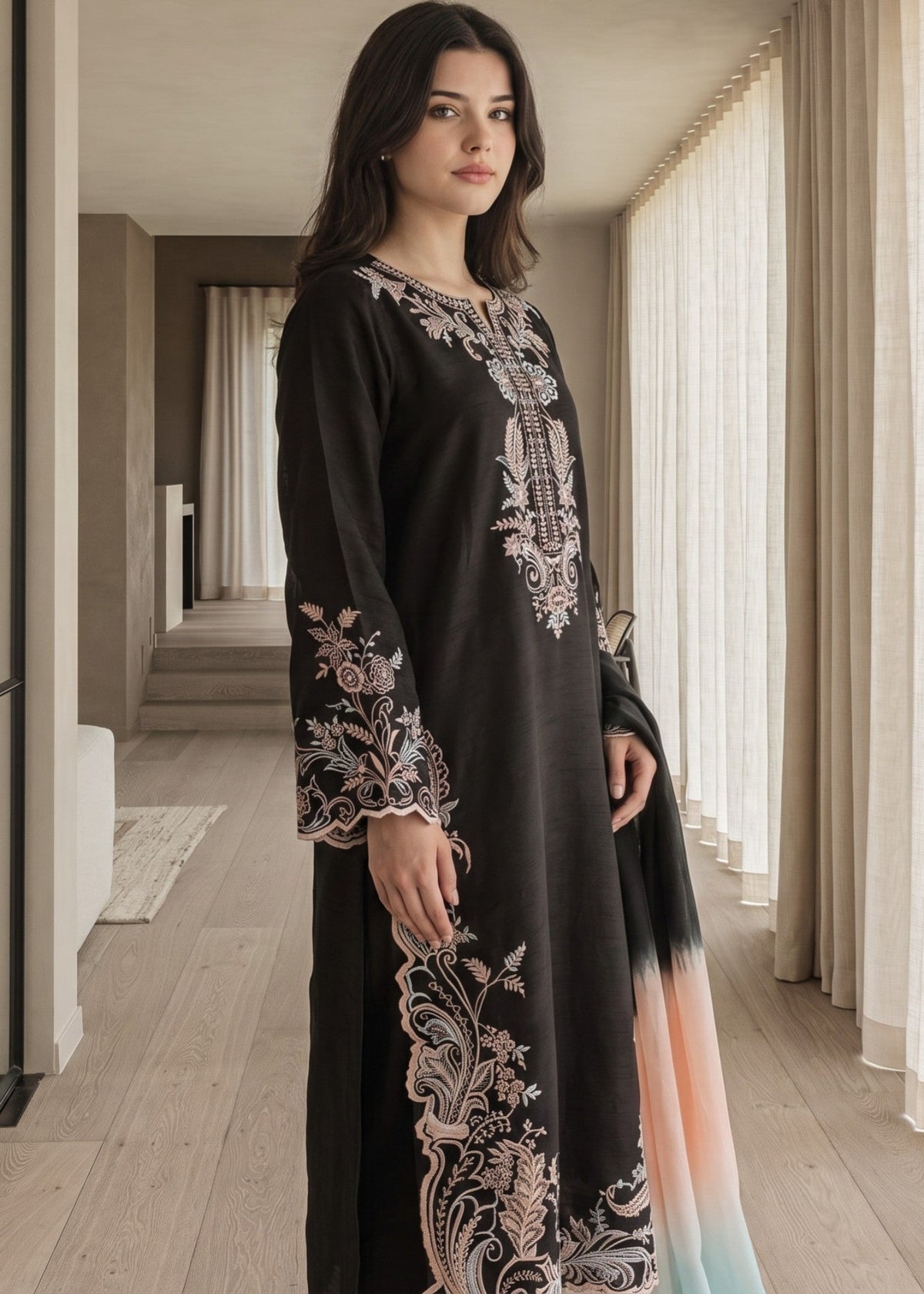 Pakistani Black Embroidered Lawn Cotton Kurta Set Online in Sri Lanka India Australia