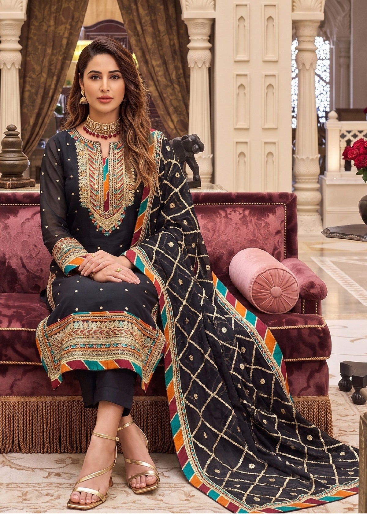 Pakistani Designer Black Chiffon Salwar Kameez Online in KSA Riyadh Saudi Arabia Oman Bahrain Qatar