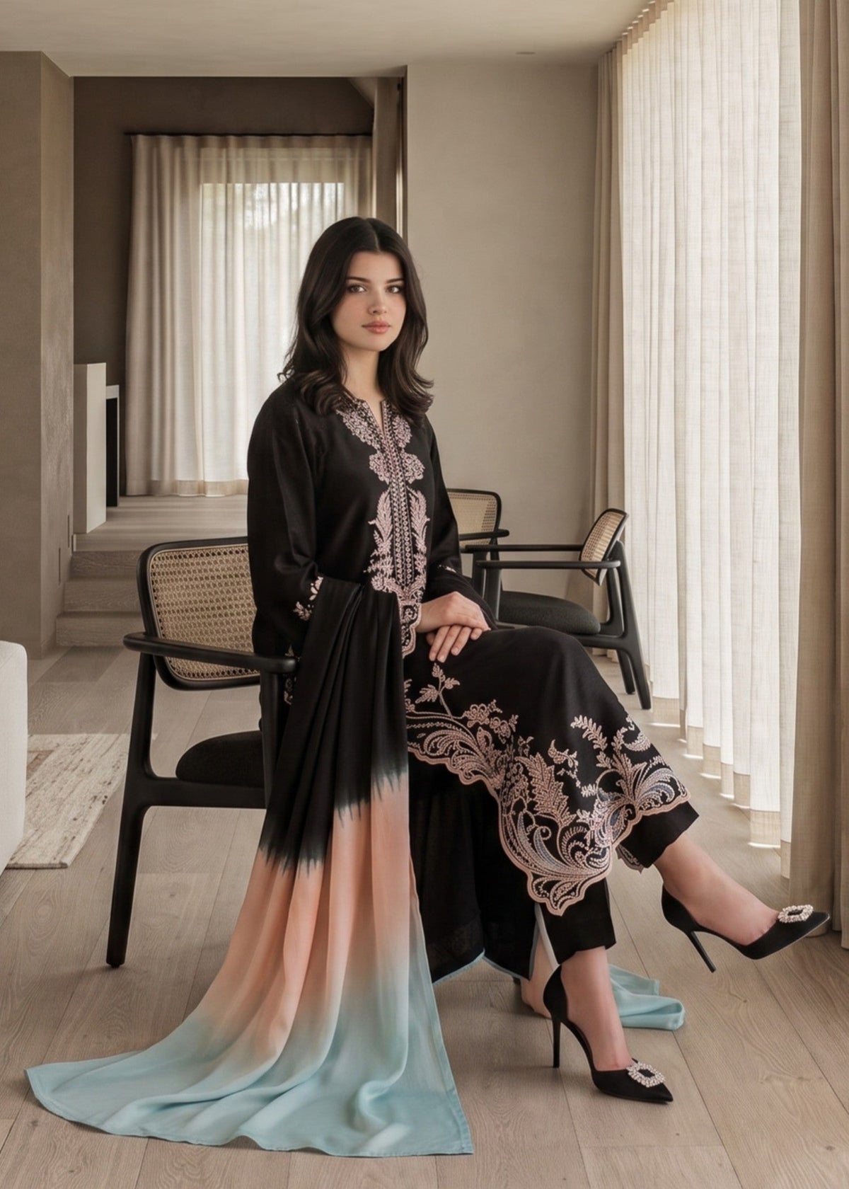 Pakistani Designer Black Lawn Cotton Salwar Kameez Online in KSA Riyadh Saudi Arabia Oman Bahrain Qatar
