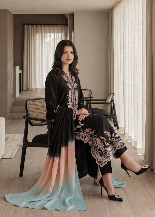 Pakistani Designer Black Lawn Cotton Salwar Kameez Online in KSA Riyadh Saudi Arabia Oman Bahrain Qatar