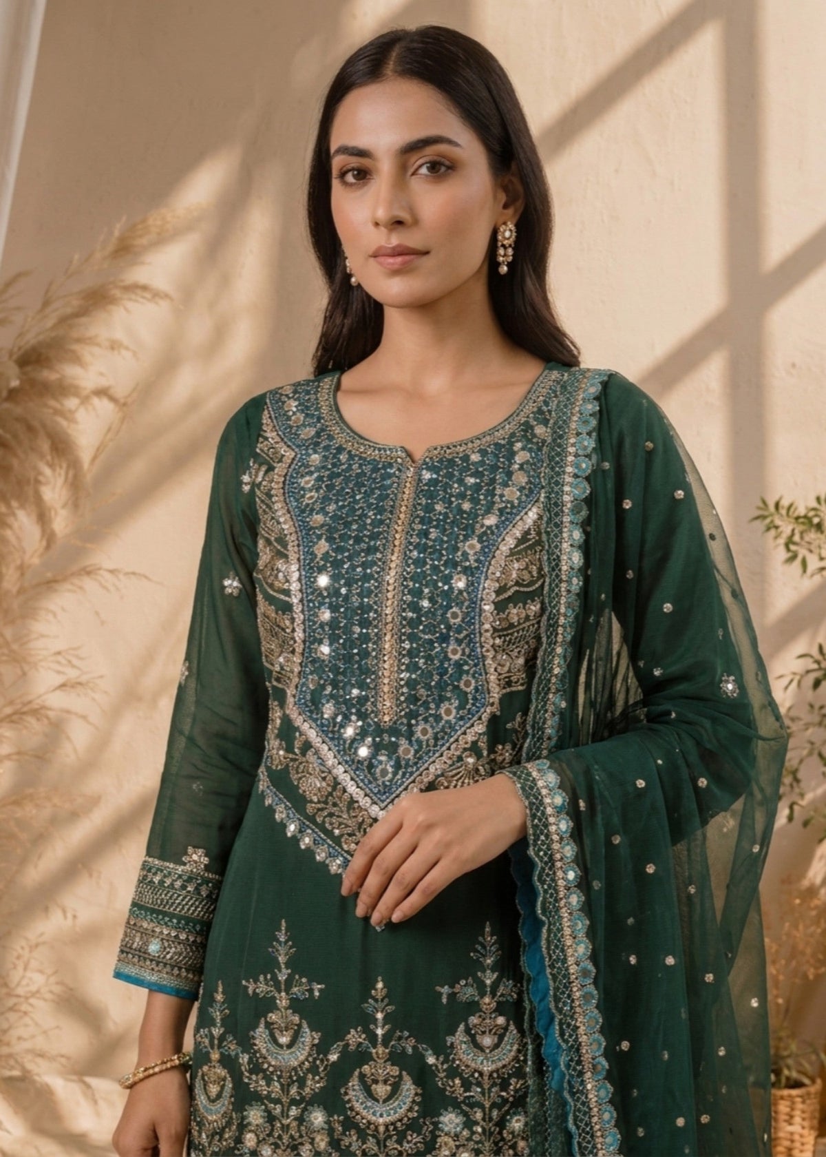 Pakistani Designer Green Organza Gharara Online in KSA Riyadh Saudi Arabia Oman Bahrain Qatar