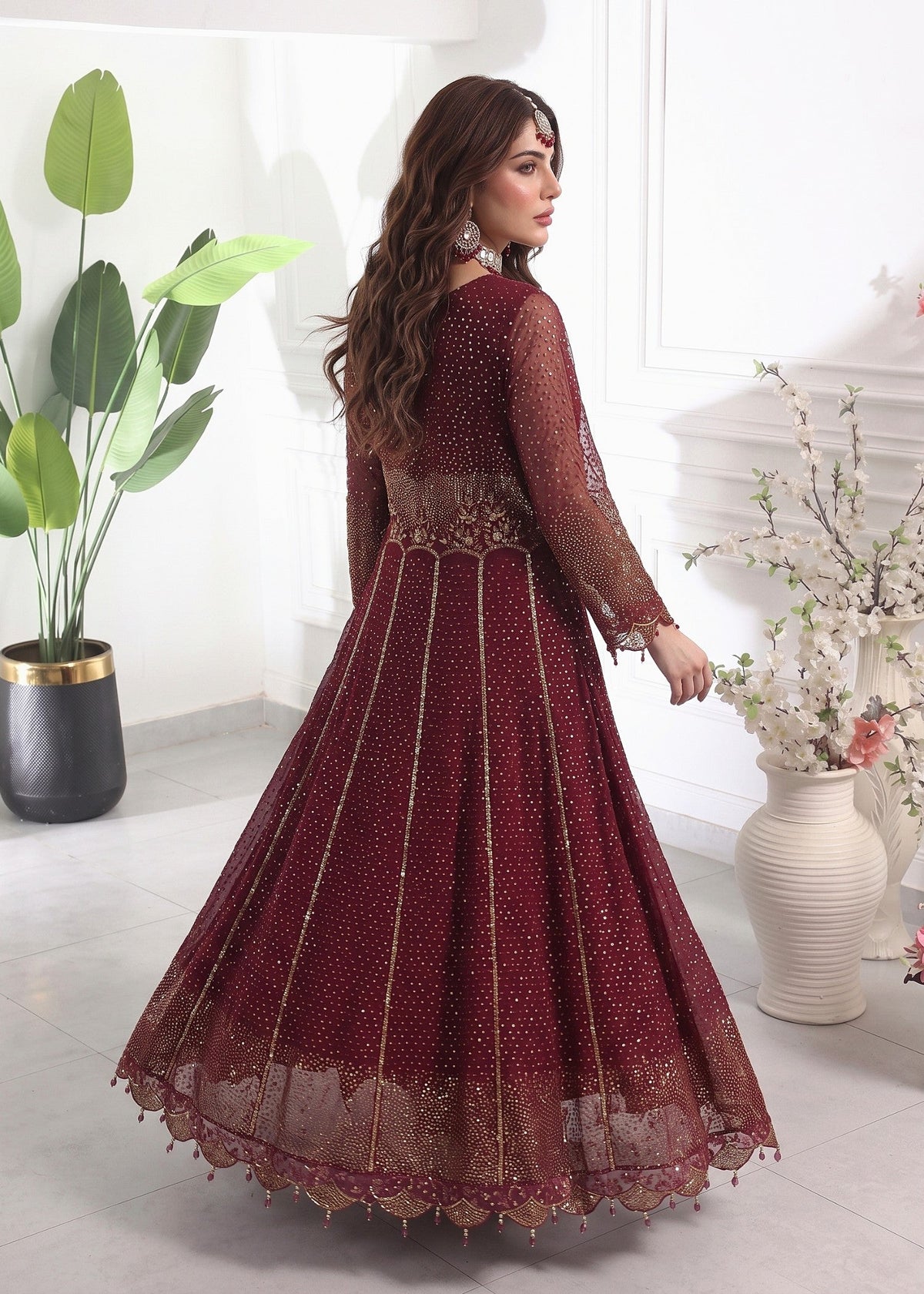 Pakistani Designer Maroon Chiffon Salwar Kameez Online in KSA Riyadh Saudi Arabia Oman Bahrain Qatar