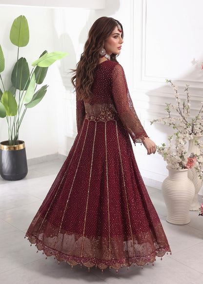 Pakistani Designer Maroon Chiffon Salwar Kameez Online in KSA Riyadh Saudi Arabia Oman Bahrain Qatar