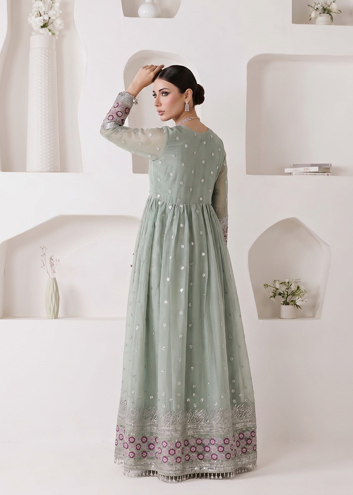 Pakistani Designer Mint Green Chiffon Salwar Kameez Online in KSA Riyadh Saudi Arabia Oman Bahrain Qatar