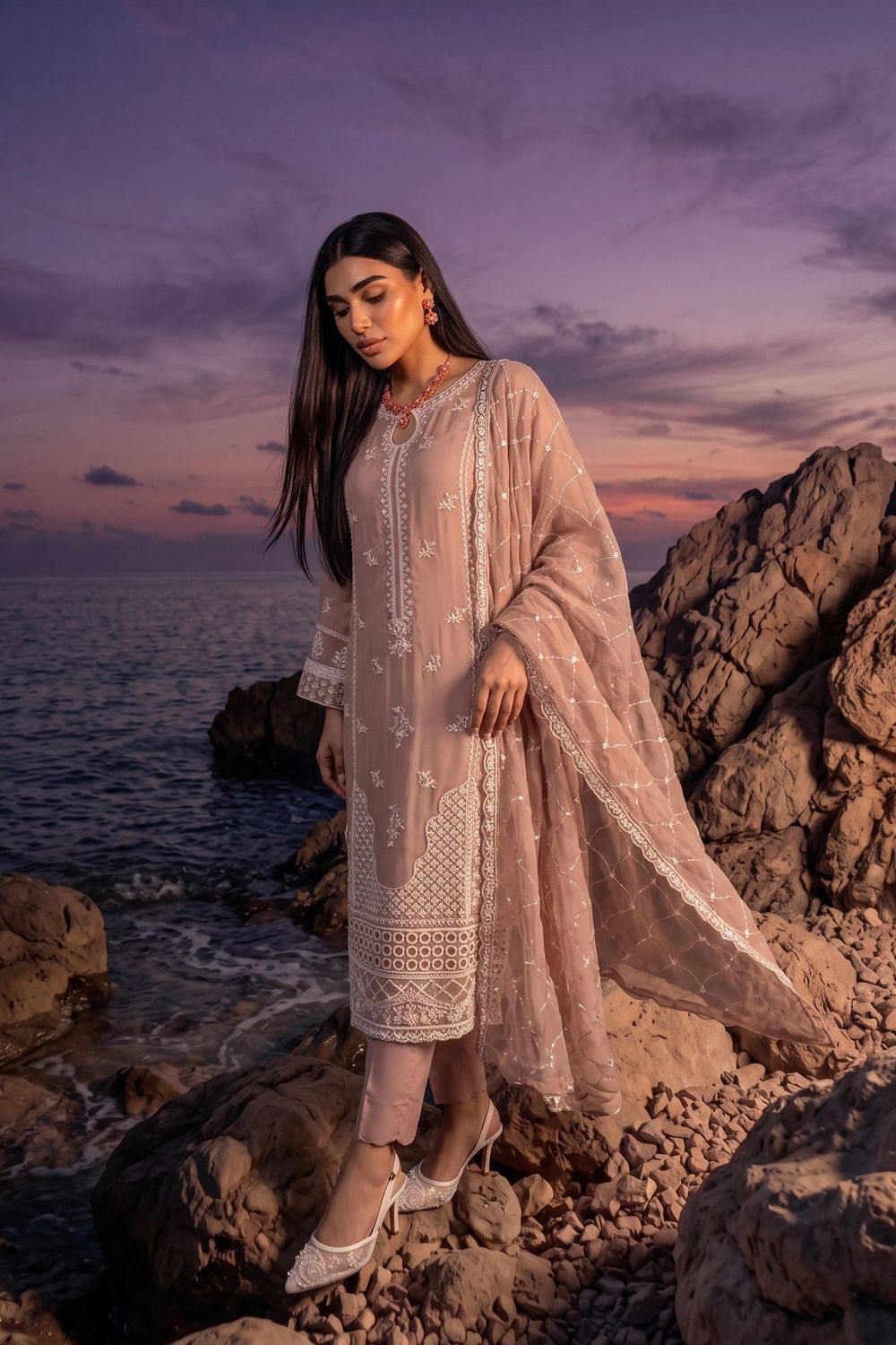 Pink Embroidered Chiffon Pakistani Suit Online in Dubai UAE Abudhabi Ajman Sharjah