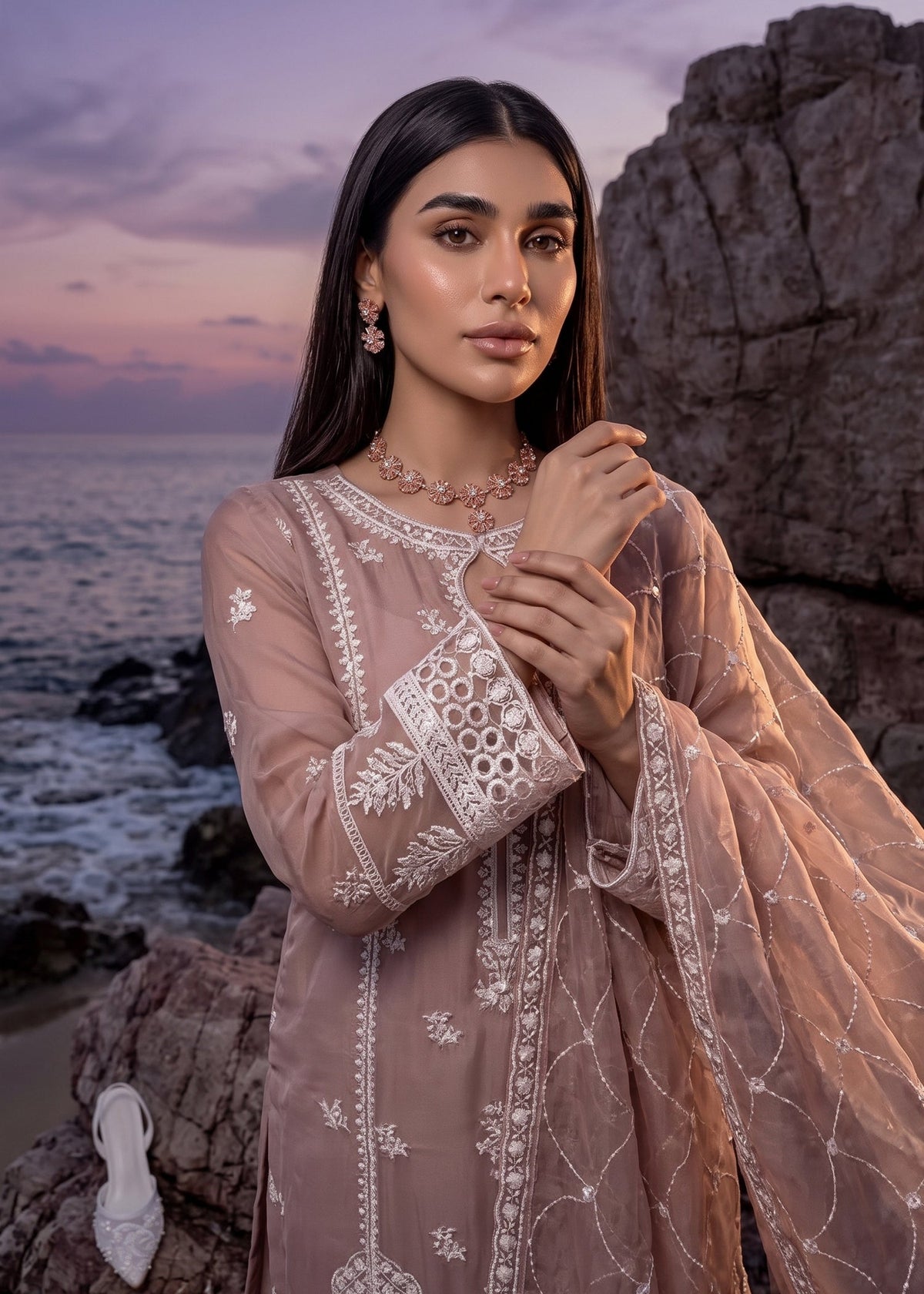 Pink Embroidered Chiffon Shalwar Kameez 3 Piece Online in UK USA Canada