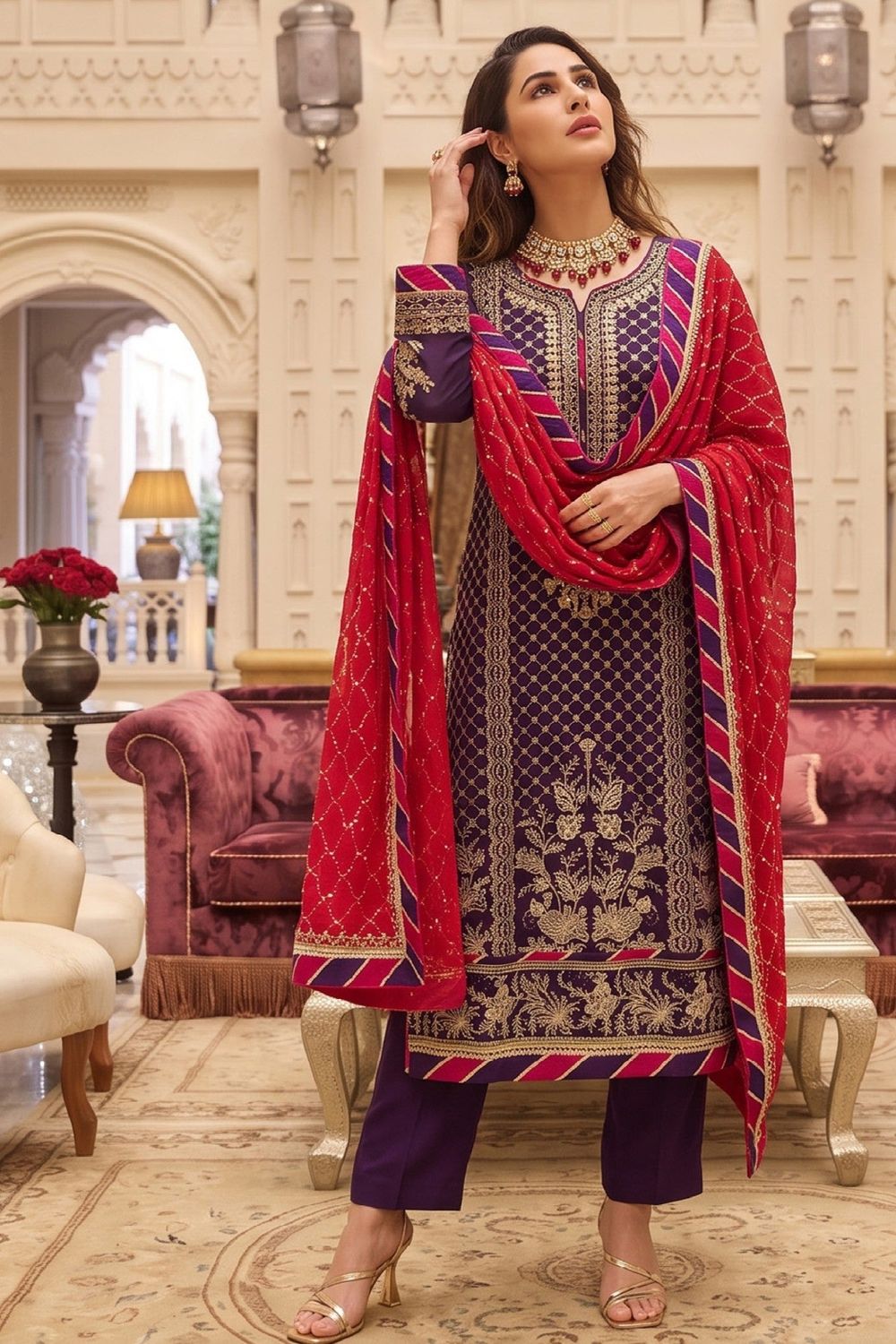 Purple Embroidered Chiffon Pakistani Suit Online in Dubai UAE Abudhabi Ajman Sharjah
