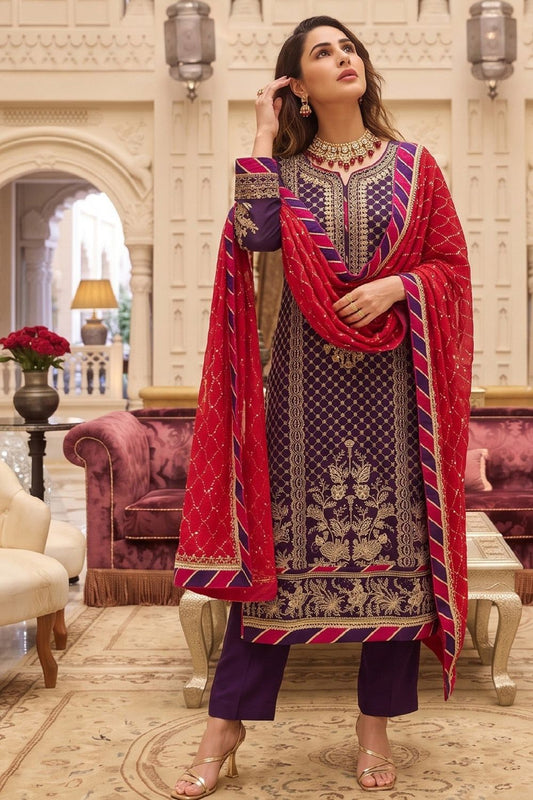 Purple Embroidered Chiffon Pakistani Suit Online in Dubai UAE Abudhabi Ajman Sharjah