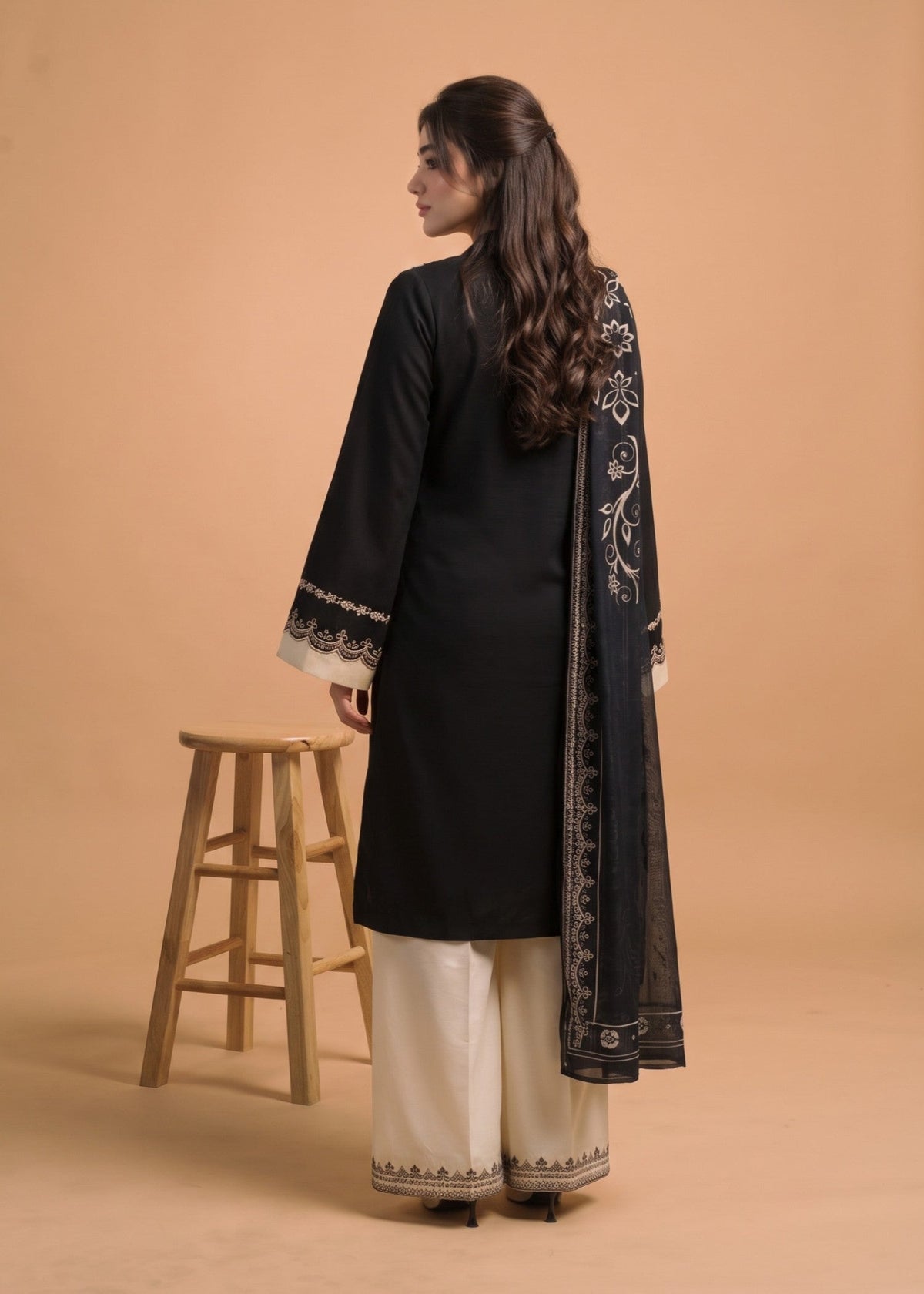 Straight Kurta Trouser Dupatta Set Black Linen Online in Sri Lanka India Australia