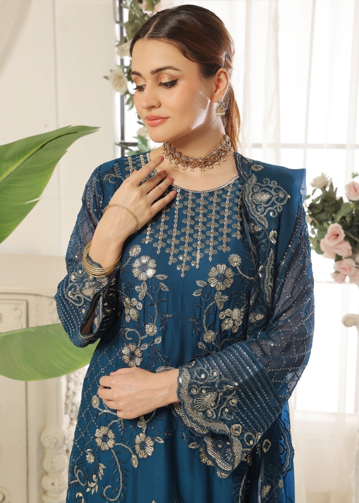 Teal Chiffon Pakistani Designer Suit Online in Sri Lanka India Australia