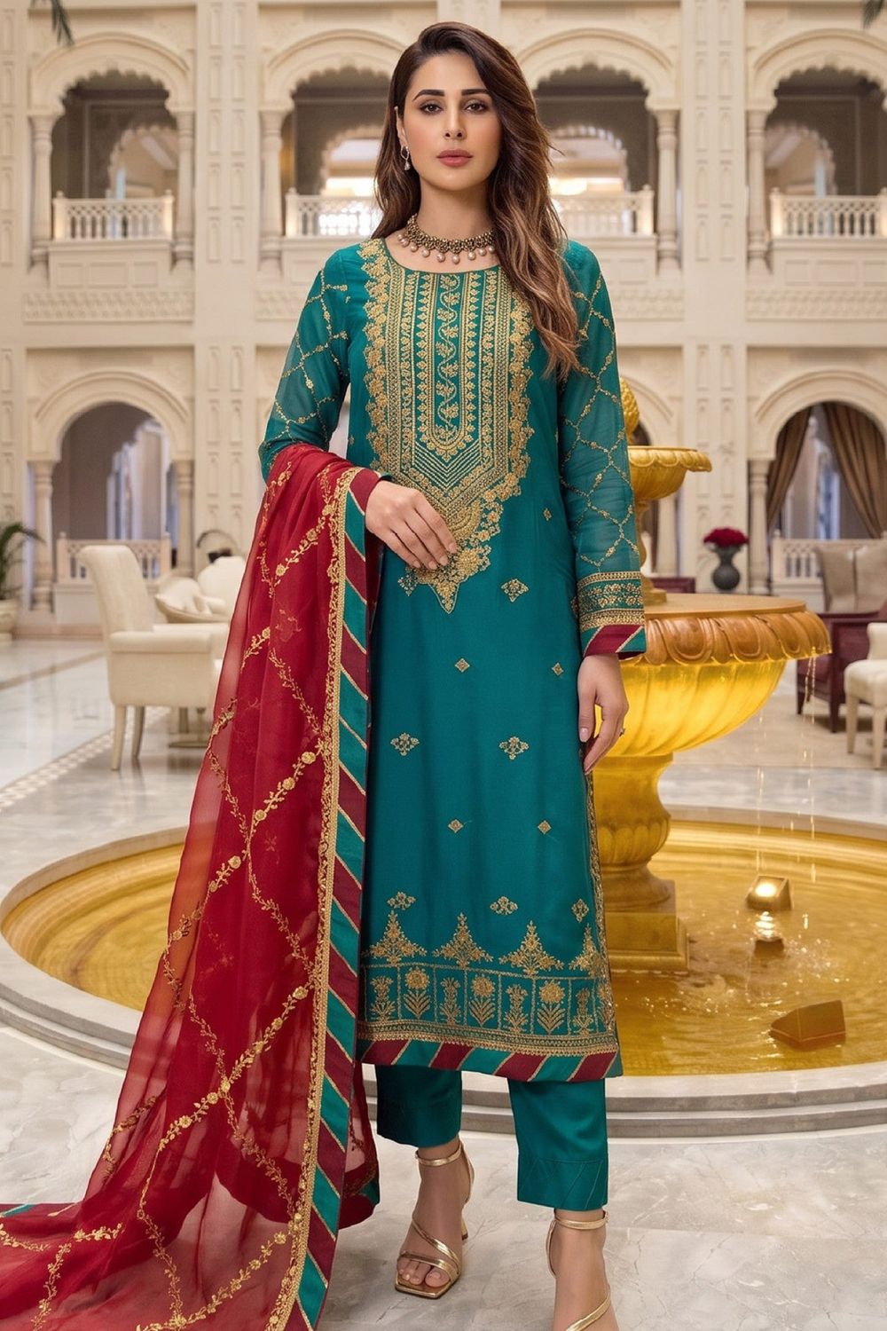 Teal Embroidered Chiffon Pakistani Suit Online in Dubai UAE Abudhabi Ajman Sharjah