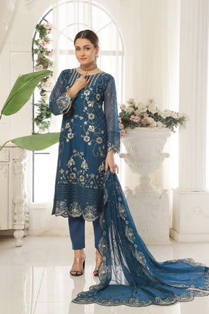 Teal Embroidered Chiffon Pakistani Suit Online in Dubai UAE Abudhabi Ajman Sharjah