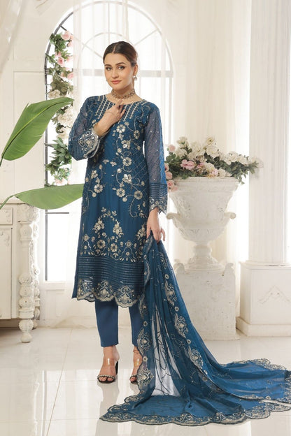 Teal Embroidered Chiffon Pakistani Suit Online in Dubai UAE Abudhabi Ajman Sharjah