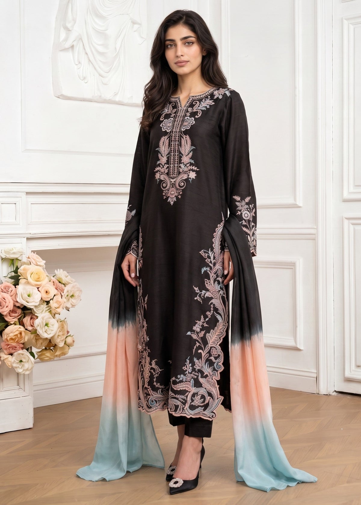 Winter Wear Black Linen Salwar Kameez Online in KSA Riyadh Saudi Arabia Oman Bahrain Qatar