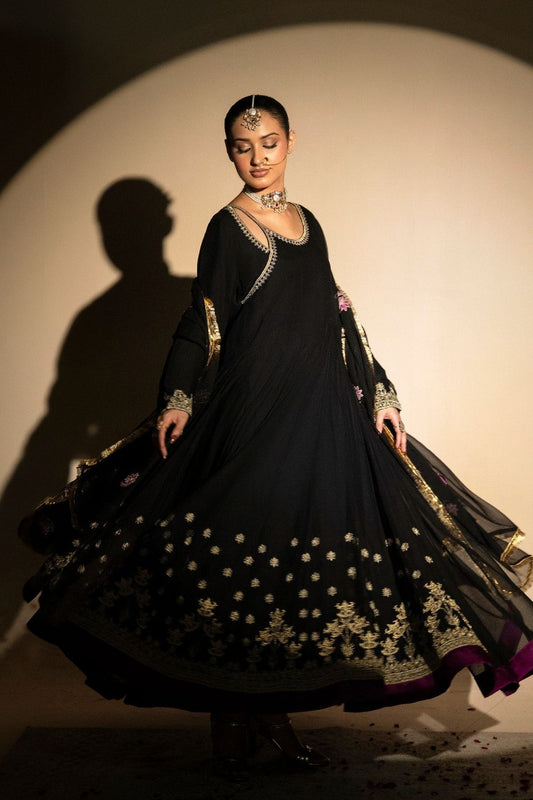 Black Embroidered Chiffon Pishwas Suit Online in Dubai UAE Abudhabi Ajman Sharjah
