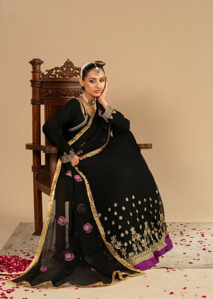 Designer Black Embroidered Chiffon Pakistani Suit Online in KSA Riyadh Saudi Arabia Oman Bahrain Qatar