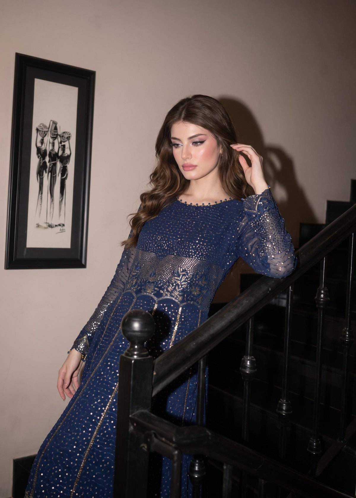 Navy Blue Chiffon Pishwas Ladies Suit Online in UK USA Canada