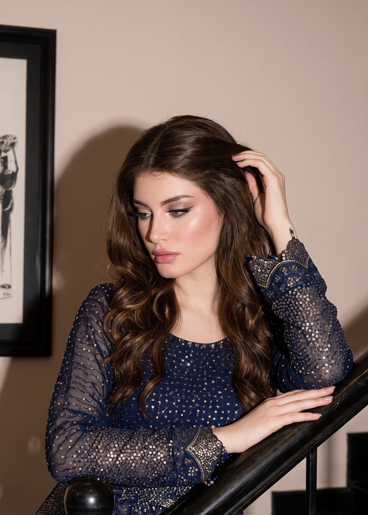 Navy Blue Chiffon Pishwas Pakistani Designer Suit Online in Dubai UAE Abudhabi Ajman Sharjah