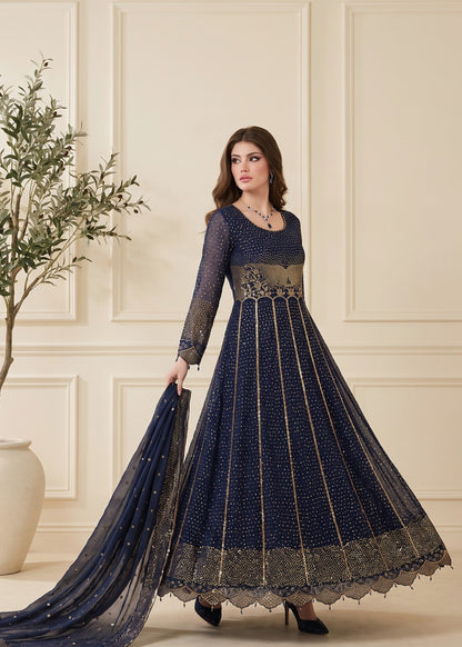 Navy Blue Chiffon Pishwas Pakistani Designer Suits Online in Dubai UAE Abudhabi Ajman Sharjah